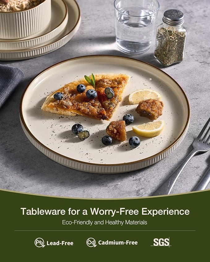 Famiware Star 12-Piece Stoneware Dinnerware Sets with Trim, Service for 4, Ceramic Plates and Bowls Set, Modern Rustic Dishes, Everyday/Formal, Chip/Scratch Resistant, Microwave/Dishwasher Safe, Cream