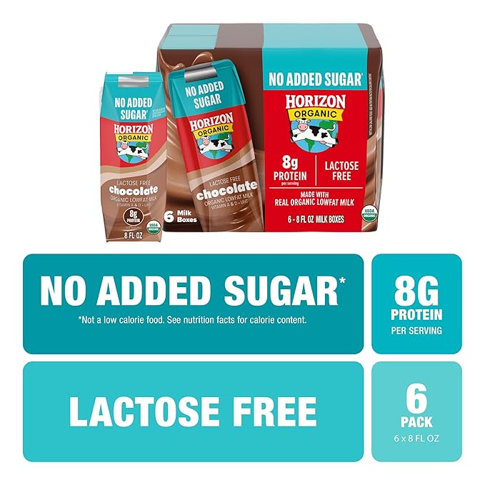 NEW Horizon Organic Shelf Stable No Added Sugar Lactose Free 1% Lowfat Chocolate Milk Boxes, Pack of 6-8g Protein per Serving