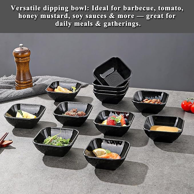 Berglander Dip Bowls Set 12pcs, 6 oz Black Plastic Dipping Bowls, Matte Stone Texture Soy Sauce Plates, Mini Appetizer Bowls for Side Dishes, Condiment Server for Tomato Sauce, Ketchup, BBQ, Party