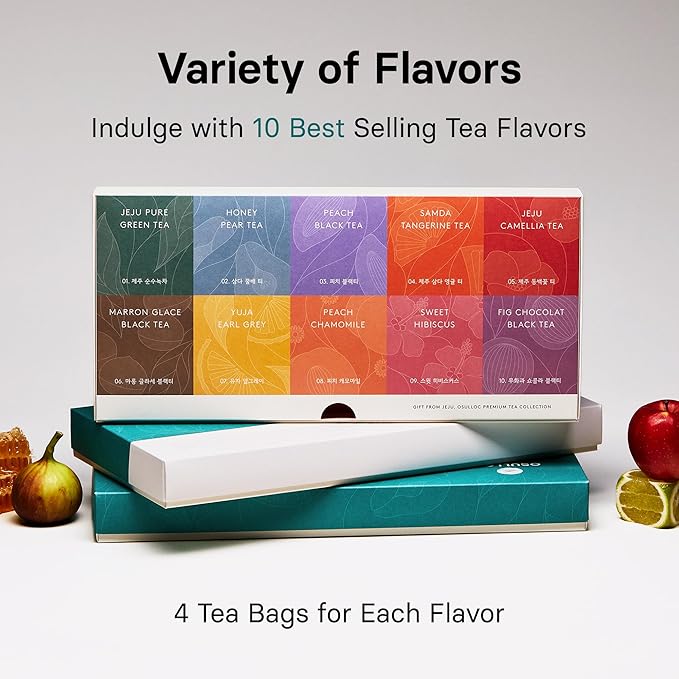 OSULLOC Premium Tea Collection (40 count, 10 flavors x 4 ea), Mothers Day Gifts, Self Care Sampler Gift Box Variety Pack, Premium Organic Pure & Blended Tea from Jeju