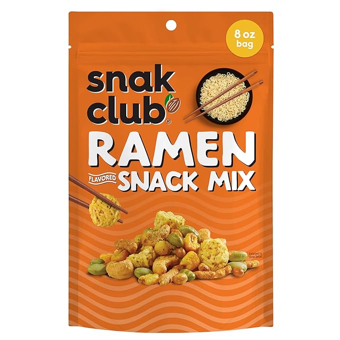 Snak Club Ramen Flavored Snack Mix, Crunchy Ramen Pieces, Toasted Corn, Sesame Sticks, Peanuts, Cashews, Soybeans, Edamame, 8 oz Resealable Bag