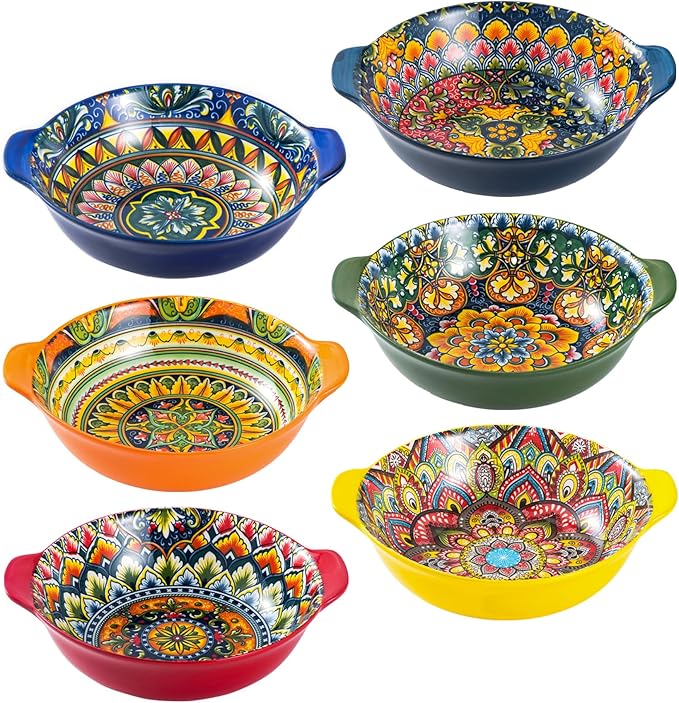 Henten Home Ceramic Soup Bowls Set, 14 oz Cereal Bowl Set of 6, Small Dessert Bowls with Handle, Boho Serving Bowls Set for Kitchen, Snack, Salad, Microwave & Dishwasher Safe