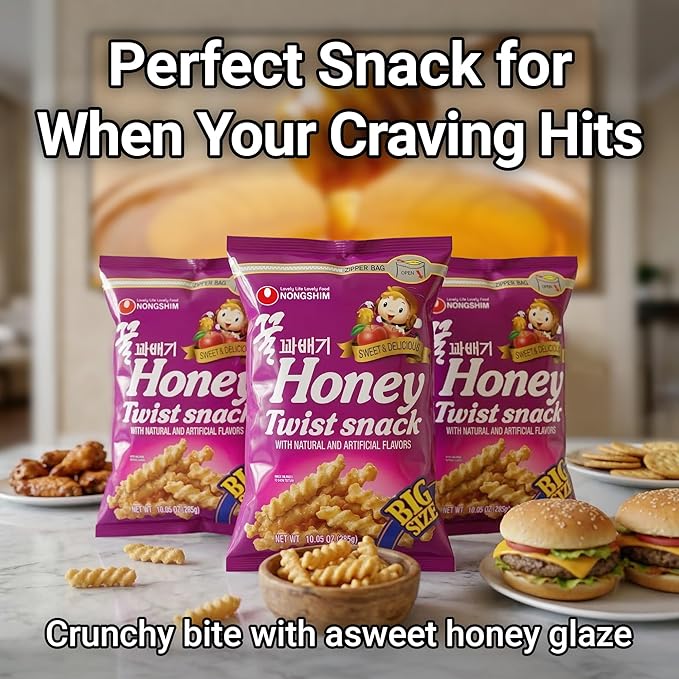 Nongshim Honey Twist Snack, Sweet Crispy Korean Snack, Acacia Honey, Twisted Crinkle Shape, Crunchy Kids Snacks, Big Size Resealable Bag, 10.05 oz (1 Pack)