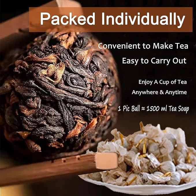 Junn Shenn Chinese Puerh Tea, Black Tea, 5 Years Aged Fully Fermented Red Tea, 30 Count Balls, 7.41Oz, 210g (About 1500ml Soup Per Ball)