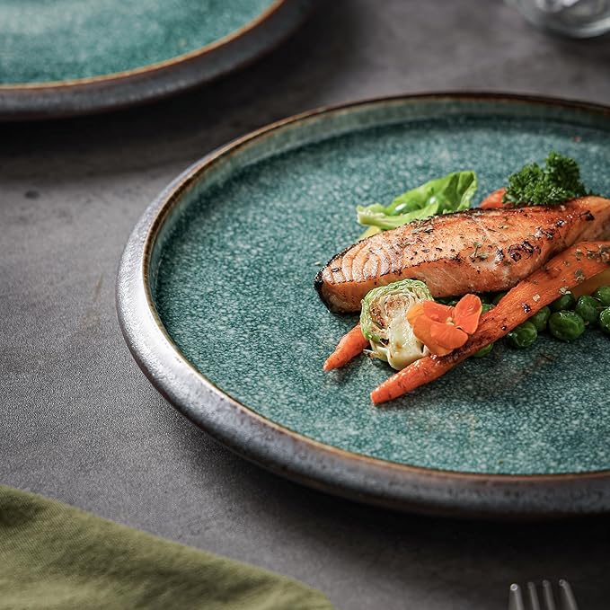 Uaral Dinner Plates, 10.5-Inch Ceramic Two-Tone Color Glaze Large Kitchen Plates - Set of 2 (Black and Blue)