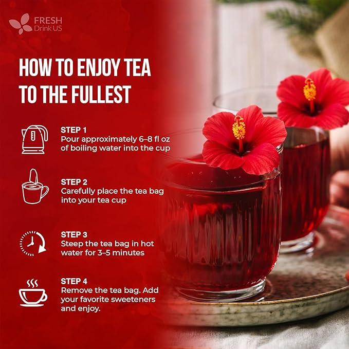 FreshDrinkUS, Hibiscus Bliss Tea | 75 Tea Bags | Herbal Tea Blend with Hibiscus Flower, Rooibos, Blackberry Leaves, Lemongrass & Lemon Balm – Naturally Caffeine-Free, Vibrant & Refreshing Tea. Vegan