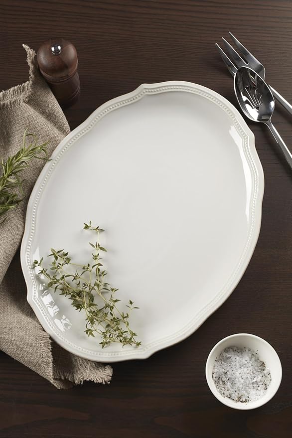 Lenox White French Perle Bead 16" Oval Serving Platter, 3.95 LB