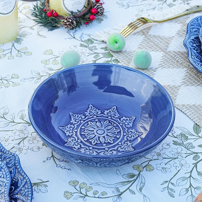 Sungmor Embossed Stoneware Fine Dining Dinnerware, Antique Baroque Style Porcelain 8 Inch Large Serving Bowls Set of 2, Sophisticated Ceramic Bowls for Salad, Soup, Cereal, Pasta