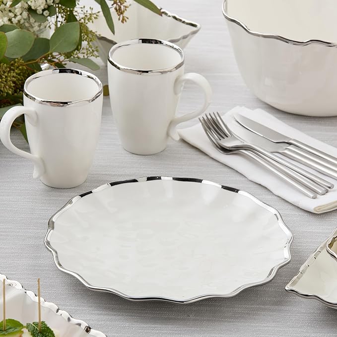 Regency Silver 11-Inch Porcelain Dinner Plates – Set of 4 Luxury Silver-Rimmed Dishes – Durable, Dishwasher-Safe Fine Tableware for Formal Dining, Holiday Gatherings & Everyday Kitchen Essentials