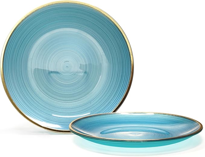OCCASIONS 50 Plates (25 Guests) Blue and Gold Disposable Plastic Plates, Heavy Duty Elegant Fancy for Wedding Party - 25x10'' Dinner + 25x7'' Salad & Dessert - BPA Free, Belize in Blue & Gold
