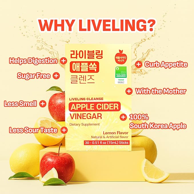 [Liveling] Apple Cider Vinegar Drink Stick with 7,500mg ACV – Lemon Flavor | Supports Digestion, Daily Cleanse, Sugar-Free, Low-Calories, Portable On-The-Go Packets (30 sticks)