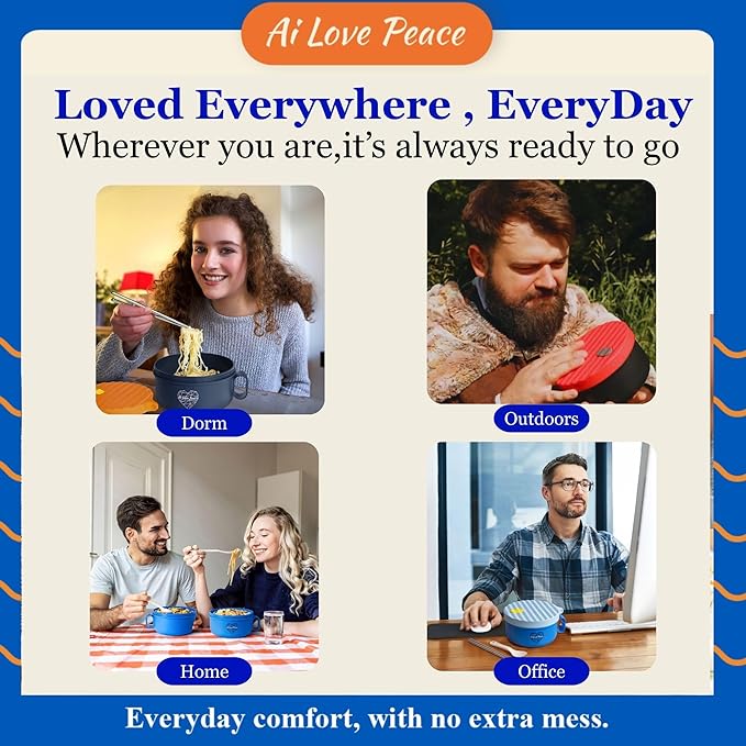 AI LOVE PEACE Ramen Bowl, 40 oz Microwaveable Noodle Cooker for Ramen, Pho, Soup, and Pasta, Dishwasher Safe and Portable, Ideal for Home, Office, Dorm, or Gift (Blue)