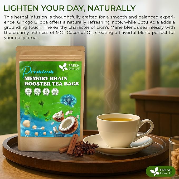 FreshDrinkUS, Memory Brain Booster Tea Bags | 75 Count | Ginkgo Biloba, Gotu Kola, Lion’s Mane Mushroom, MCT Coconut Oil | Herbal Blend Tea Bags | Naturally Flavorful, No Additives, Caffeine-Free