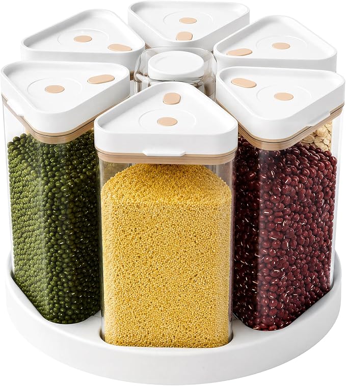 Airtight Food Storage Container with Manual Vacuum Pump, 6-Grid 27oz (800ml) Clear Rotating Pantry Organizer for Cereal, Nuts, Oats & Dry Foods, Kitchen Grain Dispenser, BPA-Free