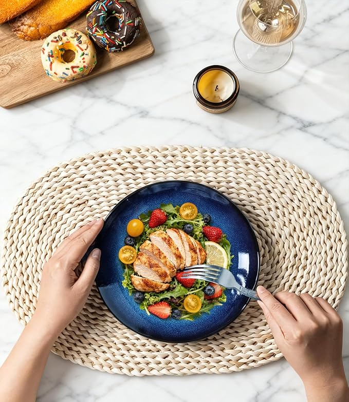LERATIO Ceramic Dinner Plates Set of 6, 8.0 Inch Handmade Reactive Glaze Porcelain Plates, Coupe Shape Dinnerware Dishes Set for Kitchen,Oven& Microwave & Dishwasher Safe, Scratch Resistant-Blue
