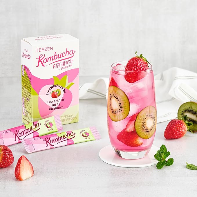 TEAZEN Strawberry&Kiwi Kombucha Powder, Hydration Drink Mix, Sugar Free, Live Probiotics & Prebiotics, On-the-Go 10 Packets, 1.76oz