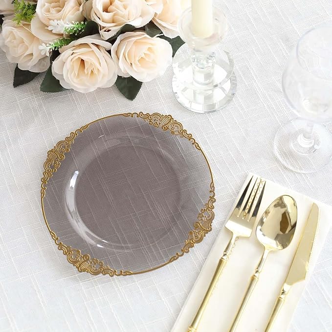 Efavormart 10 Pack | 8" Translucent Black and Gold Baroque Dessert Plates, Leaf Embossed Metallic Rim Heavy Duty Appetizer Plates for Edgy Social Events