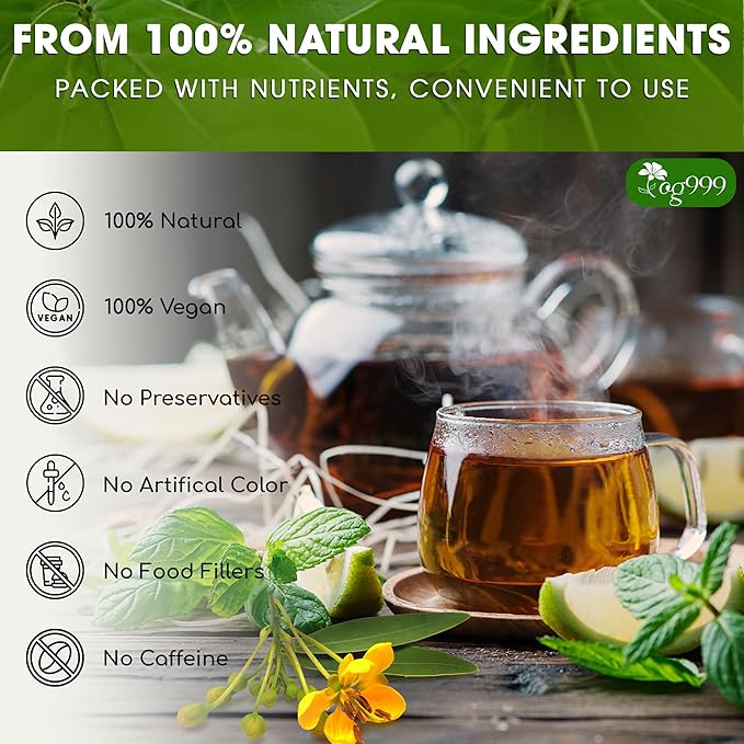 TOG999, 60 Tea Bags, Blend of Senna Leaves - Peppermint - Licorice - Fennel, 100% Natural Ingrendients, Hand-made Herbal Tea, Relieves Constipation Naturally Tea, No Sugar, No Caffeine, No Gluten, Vegan.