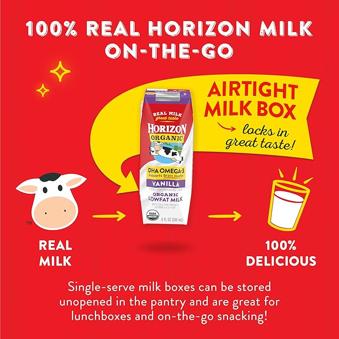 Horizon Organic Shelf Stable 1% Lowfat DHA Omega-3 Chocolate Milk Boxes, Pack of 18 - 8g Protein per Serving