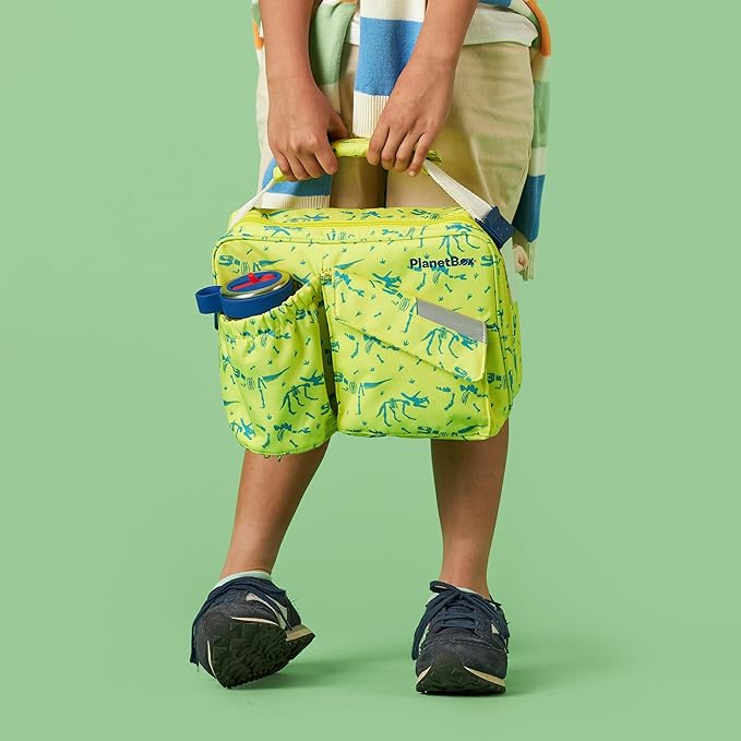 PlanetBox Insulated Lunch Bag – Banana Dino Edition Carry Bag with Pockets for Water Bottle and Snacks – Durable, Easy to Clean, and BPA Free