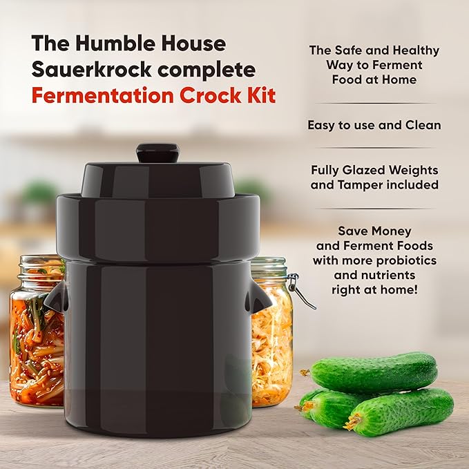 Humble House Fermentation Crock 1/2 Gallon Sauerkrock Sauerkraut Crock with Lid Weights & Pounder - Red Ceramic Fermenting Crock Kit for Pickling Cabbage Kimchi Vegetables 2 Liter Fermentation Jar