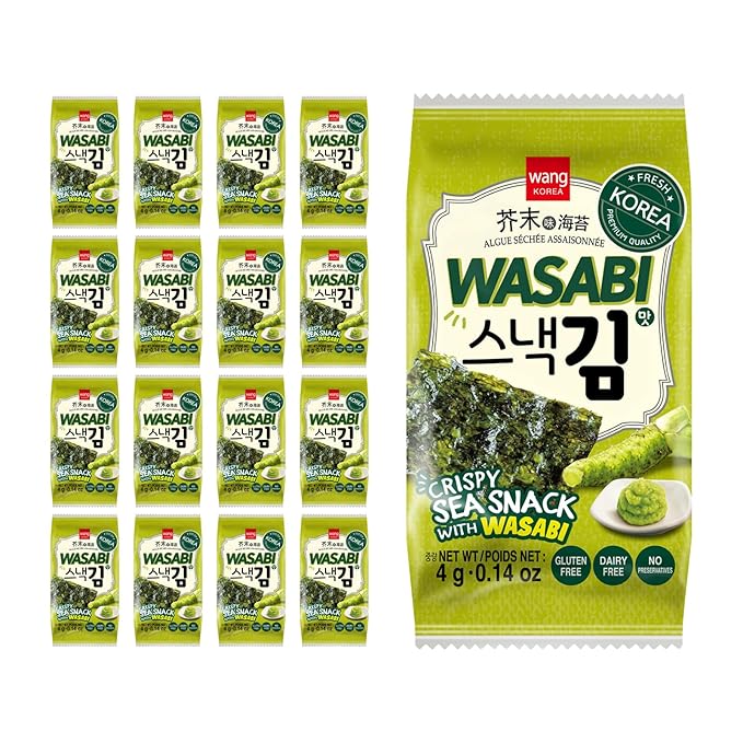 Wang Korean Seaweed Snacks Wasabi Flavor - Crispy Roasted Seaweed Sheets, Healthy Sea Weed Snack, Keto Vegan Gluten-Free - Pack of 16