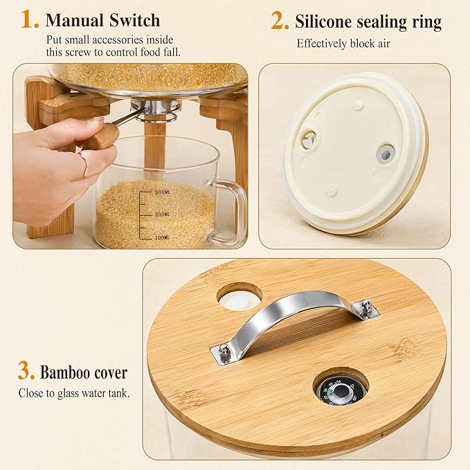 Goaste Glass Rice Dispenser with Bamboo Stand, 5L Flour Cereal Container with Airtight Lid, 8 Lbs Large Grain Food Storage Bucket, Countertop Beans Storage Tank with Measuring Cup & Valve for Dry Food