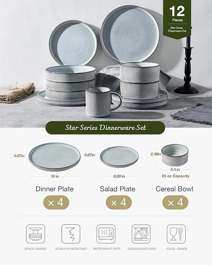 Famiware Star 12-Piece Stoneware Dinnerware Sets for 4, Reactive Glaze Plates and Bowls, Modern Rustic Dishes for Everyday & Formal Use, Chip/Scratch Resistant, Microwave/Dishwasher Safe, Smoky Blue
