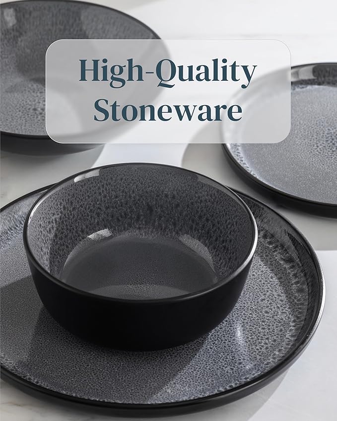 PURE LIVING INTERIOR DESIGN Stoneware Dinner Plates Set of 2, Large Dark Gray Tableware, Stylish & Durable, Dishwasher, Microwave & Scratch-Resistant