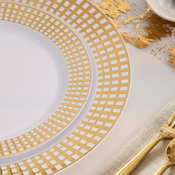 Fijinhom 100PCS Heavy Duty Gold Plastic Plates for 50 Guests, for Party, Wedding, Birthday, Dinnerware Set of 50PCS 10" Dinner Plates & 50PCS 7.5" (Gold)