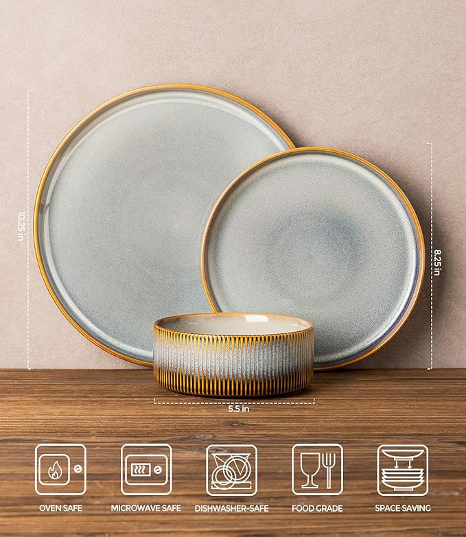 TheTerra Ceramic Dinnerware Sets for 4, 12 Pieces Porcelain Lightweight Plates and Bowls Sets, Scratch Resistant Dish Set, Oven & Microwave & Dishwasher Safe, Dusk Blue