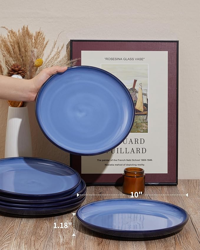 Pokini Dinner Plates for 6, 10 Inches Plate Set, Scratch Resistant, Large Stoneware Dinnerware, Kitchen Modern Rustic Serving Dishes, Light Blue