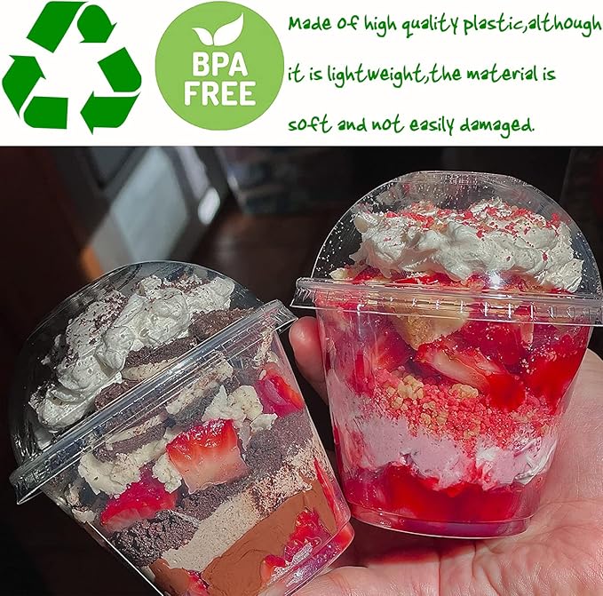 Alaeseje 50 Pack 8oz Disposable Clear Plastic Cups with Dome Lids(Hole in the Lid),PET Dessert Cups,Disposable Snack Bowls for Ice Cream,Cake,Fruit,Parfait, Pudding and Jello Shot