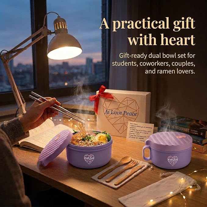 AI LOVE PEACE Ramen Bowls, 40 oz Large Microwavable Noodle Bowls (2 Purple) with Chopsticks, Sporks, and Utensil Bag, Portable Microwave Bowl for Home, Office, Dorm, or College Gift.