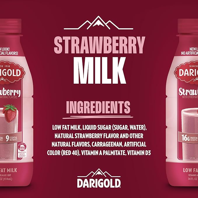 Darigold 1 Percent Milk, Reduced Fat Shelf Stable Milk with 9 Essential Nutrients, 16g Protein, rsBT Free - 14oz, 12 Pack (Strawberry)