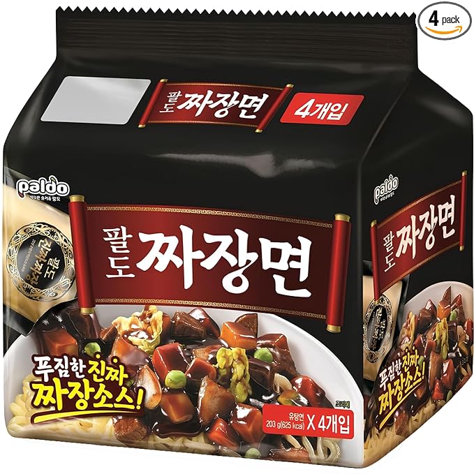 Paldo Fun & Yum Jjajangmen Instant Noodles, Pack of 4, Brothless Chajang Ramen with Savory & Sweet Black Bean Sauce, Oriental Style Korean Ramyun, Soupless K-Food, (Pack of 4)