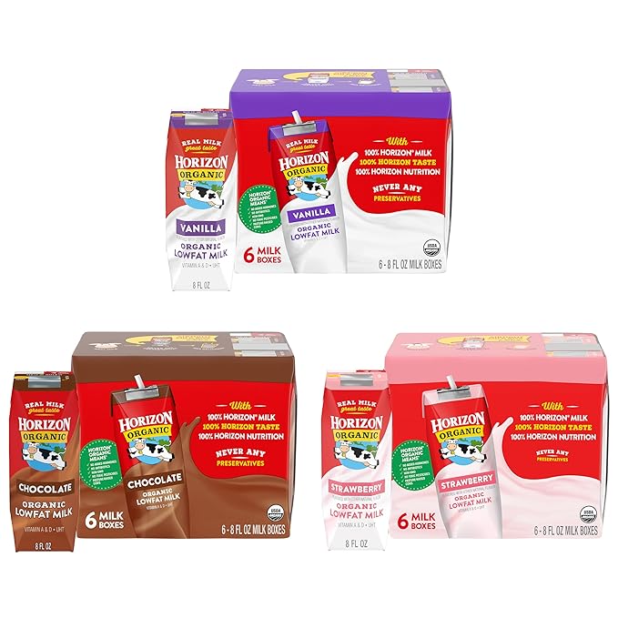 Horizon Organic Neapolitan Variety Bundle, Shelf Stable 1% Lowfat Vanilla, Chocolate, & Strawberry Milk Boxes, USDA Certified Organic UHT Milk from Pasture-Raised Cows, No Refrigeration Required, 8 fl oz, 6 Count