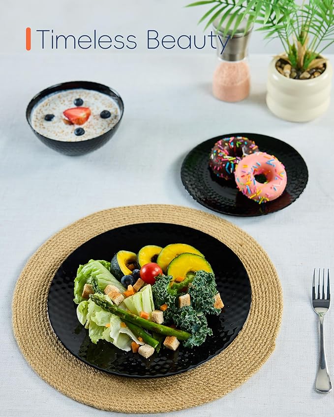 LaGlint 7.5 inch Appetizer Plate Set of 6, Opal Glass Round Geometric Faceted Small Black Plates for Salad Dessert, Kitchen, Dishwasher and Microwave Safe