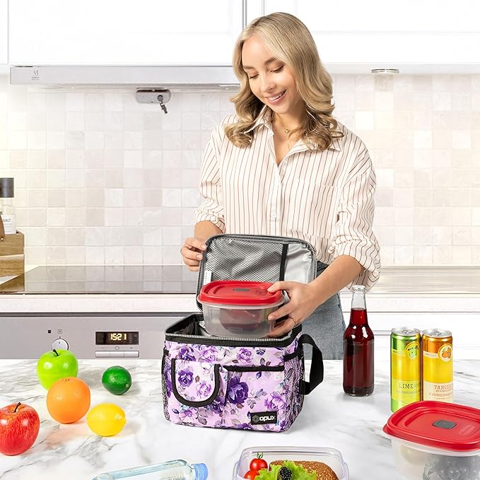 opux Insulated Lunch Box for Men Women Kids, Leakproof Reusable Lunch Bag Cooler for Work School Office, Soft Thermal Lunchbox Tote Shoulder Strap for Boys Girls Adults, Floral Purple, 14 Can/8L
