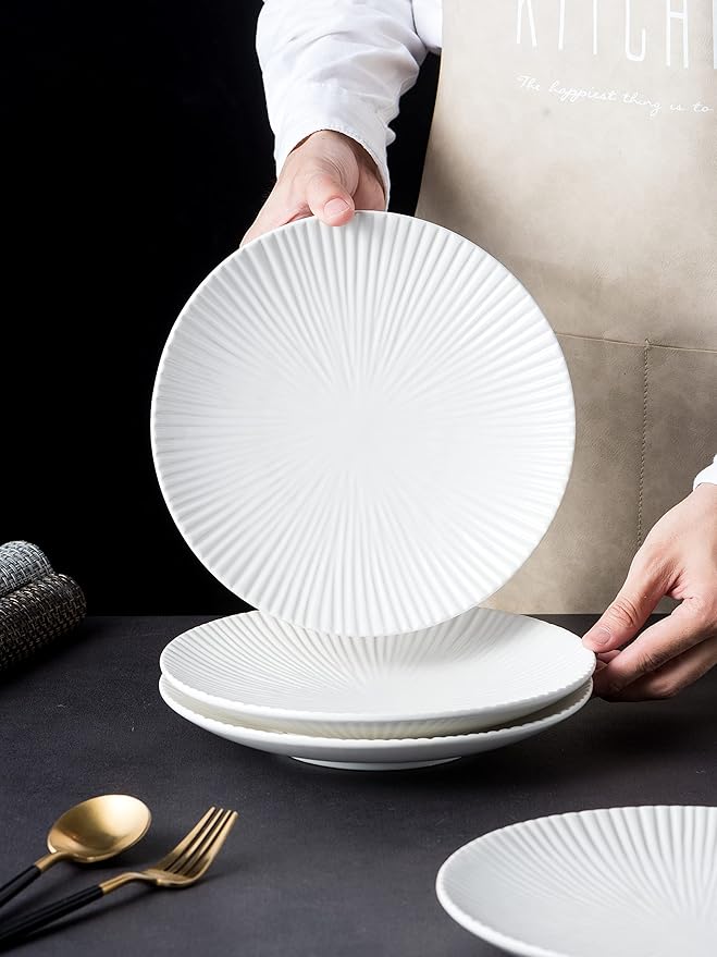 Jusalpha Set of 4-Japanese Style Porcelain Dinner Plates, Versatile Circular Serving Plates for Breakfast, Salad, Steak Dinner, PL018 (8.8 Inches, White)