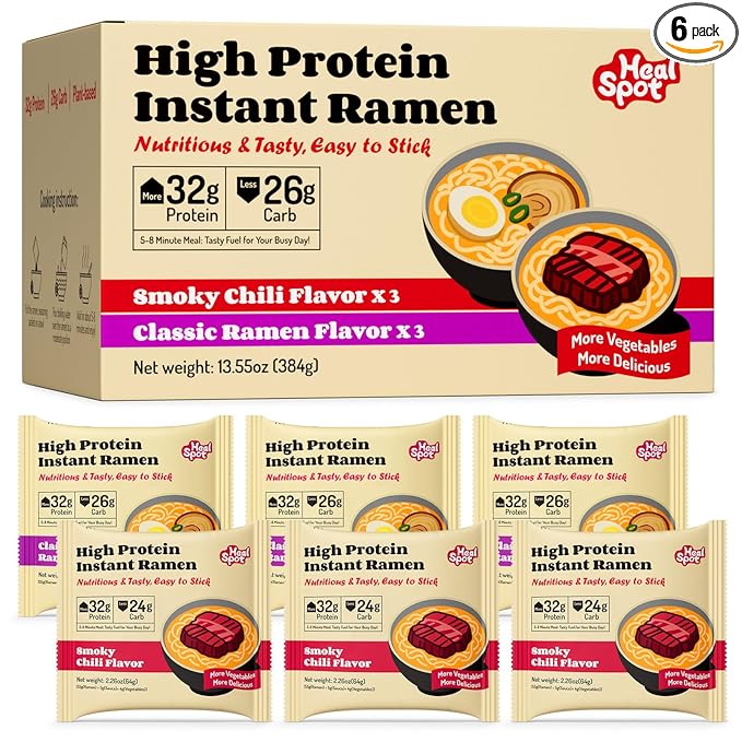 HealSpot High Protein Instant Ramen Variety Pack, 6 Pack Non Fried Ramen Broth, 32g Plant Based Protein, Low Fat, Low Carb, Non GMO, Keto Friendly & Plant Based (Smoky-Beef,Classic-Pork) | 50% Protein, Keto Friendly, Vegen Friendly, Healthy Quick Meal