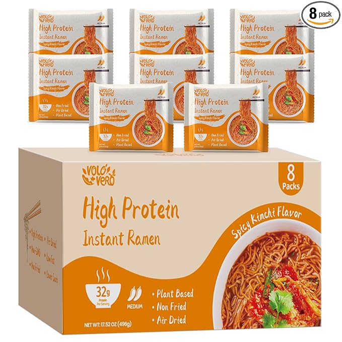 VOLO VERO High Protein (32g) Instant Ramen Noodles Soup, Spicy Kimchi Flavor, 8 Packs, Vegan, Plant-Based, Non-Fried, Low Fat, Egg-Free, Dairy-Free, Healthy Asian Meal