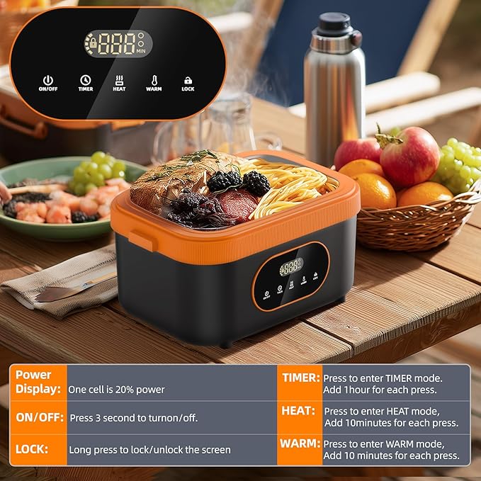 Heated Lunch Box, 16000mAh Cordless Electric, 1.5L Portable Self Heating Lunch Box for Adults, Rechargeable Food Warmer for Office, Picnic,Car Travel,Outdoor Use-Orange