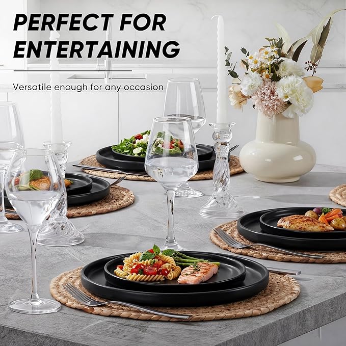 E-far Dinner Plates Set of 6, 10.5 Inch Stoneware Dinner Plate with Raised Edges, Chip & Scratch Resistant | Microwave & Dishwasher Safe Modern Ceramic Dishes for Dessert Salad, Matte Black