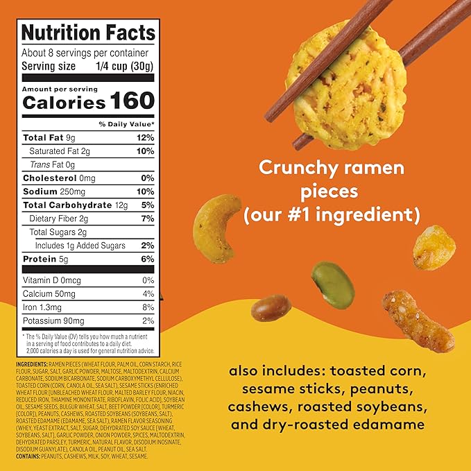 Snak Club Ramen Flavored Snack Mix, Crunchy Ramen Pieces, Toasted Corn, Sesame Sticks, Peanuts, Cashews, Soybeans, Edamame, 8 oz Resealable Bag