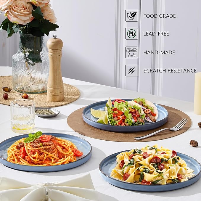 LIANYU Ceramic Dinner Plates Set for 4, 10.2In Porcelain Kitchen Salad Dessert Serving Dishes Set, Modern Round Stoneware Dinnerware Appetizer Plates, Scratch Resistant & Microwavable, Serenity Blue