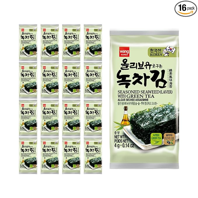 Wang Olive Oil Roasted Seaweed Snack with Green Tea, Gluten-free, Keto-friendly, Vegan, Healthy Snack 0.14 Ounce, Pack of 16