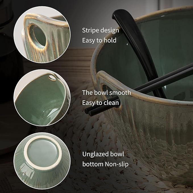 Ramen Bowl with Chopsticks and Spoons Set, 7 Inch Ceramic Noodle Bowl Set of 2, Dishwasher Safe for Pho Udon Soba Noodle Salad Pasta, Special Reactive Wild Sage Earth Bowls Set