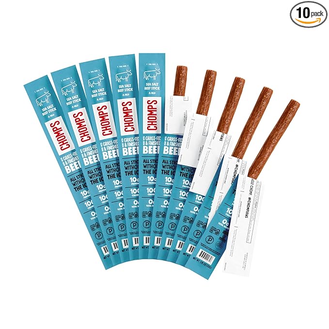 Chomps Grass-Fed and Finished Sea Salt Beef Jerky Snack Sticks 10-Pack - Keto, Paleo, Whole30, 10g Lean Meat Protein, Gluten-Free, Zero Sugar Food, Non-GMO