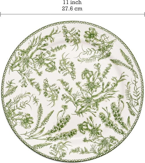 Bico Green Garden Toile De Jouy Dinner Plates Set of 4, 11 Inch Large Ceramic Plates for Pasta, Steak, Stylish Serving Dishes, Microwave and Dishwasher Safe, Gift for Housewarming and Thanksgiving